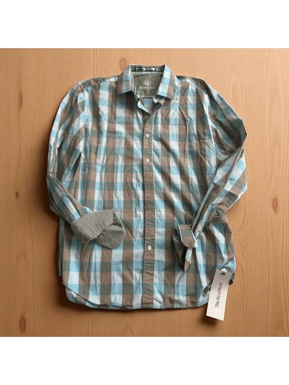 BUGATCHI Men's Shaped Fit Blue Plaid Button Down Shirt Size 16 1/2